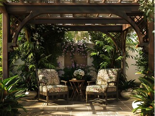 Obraz premium inviting outdoor lounge area with comfortable armchairs ,patterned cushion a pergola overhead