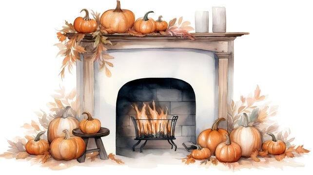 Beautiful vector image with nice watercolor pumpkins on the fireplace