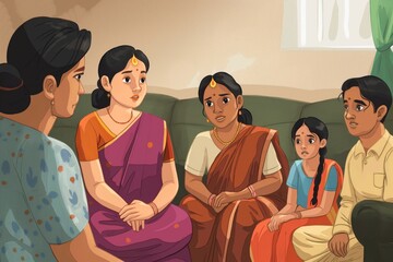 Illustration of an Indian family engaged in conversation in a cozy living room setting