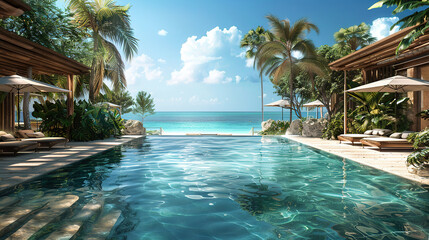 Fototapeta premium luxury resort oasis, with infinity pools overlooking crystal-clear waters, lush tropical gardens, and private cabanas on pristine white sand beaches holiday advertising