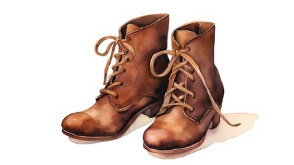 Watercolor brown boots isolated on white background. Hand drawn illustration.