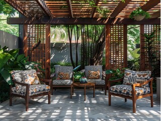 inviting outdoor lounge area with comfortable armchairs ,patterned cushion a pergola overhead
