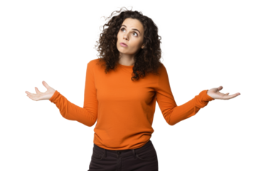 Confused woman in orange, questioning, unsure against transparent background