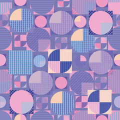 Vibrant geometric seamless pattern featuring circles and squares abstract background in pink and lavender colours. Textile design