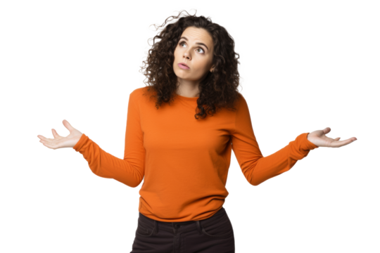 Confused woman in orange, questioning, unsure against transparent background