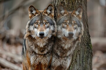 Two wolves in the forest,  Portrait of two wild animals