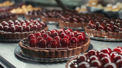 Close-up scene at a buffet, displaying chocolate cakes and cherry tarts in a bakery cabinet, with a focus on clean, polished surfaces and appetizing appearance