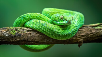 Obraz premium Vibrant Green Snake Coiled on a Branch in Natural Habitat