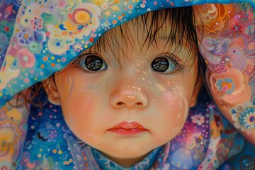 A painting of a young girl with a blue hoodie on