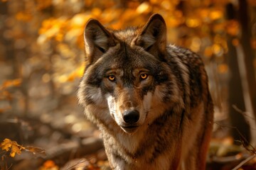 Naklejka na ściany i meble Portrait of a wolf in the autumn forest, Wolf in the forest