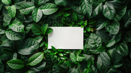 Empty paper card mockup on a Green leaves, copy space, generative ai	