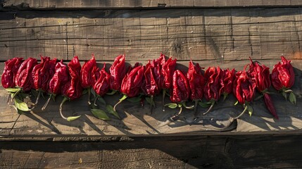 Close-up of vibrant red peppers drying in the sun, arranged neatly on a rustic wooden surface, rich in color and texture