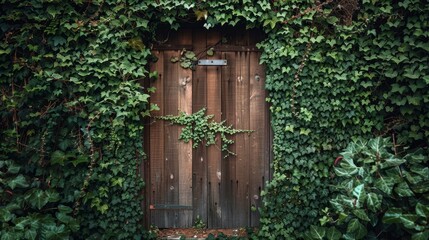Close-up of a rustic cabin's wooden door, ivy climbing the walls, surrounded by dense forest undergrowth, inviting exploration