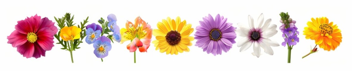 Assorted Pressed Flowers and Leaves Arranged on White Background. Flat lay view of colorful flowers and green leaves artistically arranged on a clean white background, perfect for crafting and decor.