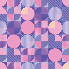 Vibrant geometric seamless pattern featuring circles and squares abstract vintage background in pink and lavender shades. This abstract design is perfect for textile prints or art projects