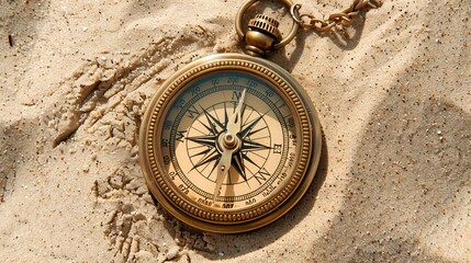 Fototapeta na wymiar Classic compass on a background of sandy beach, top view highlighting the cardinal points, ideal for themes of travel and orientation