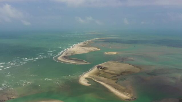Aerial drone of Low lying white sandy islands known as Adam's bridge. Talaimannar, Sri Lanka