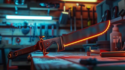 A saw with a neon handle and a polished axe, featured prominently in a modern garage setting, focus on tool details