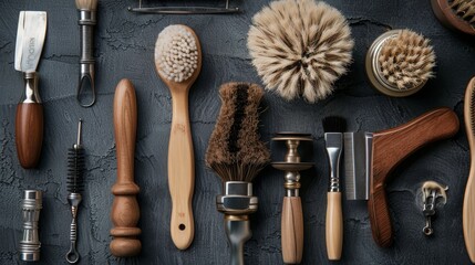 Artistic arrangement of beard styling tools, featuring elegant razors and natural bristle brushes, perfect for men's grooming ads - 791398895