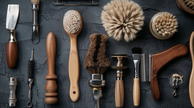 Artistic arrangement of beard styling tools, featuring elegant razors and natural bristle brushes, perfect for men's grooming ads