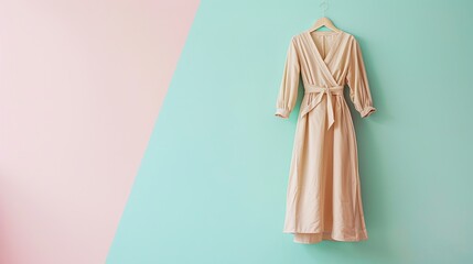 women's clothing beige dress on a pastel blue and pink background