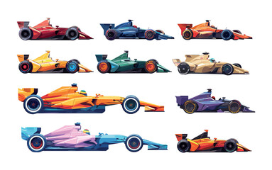 Fototapeta premium Formula 1 bolid cartoon vector set. Royal racing four wheeled vehicle hyperfast road competitions championship supercar, illustrations isolated on white background
