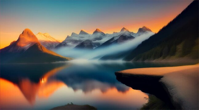 Sunset over mountains and river, painting the sky with shades of orange and blue, in a breathtaking display of nature's beauty. Mountain Horizon Embracing Sun's Glow
