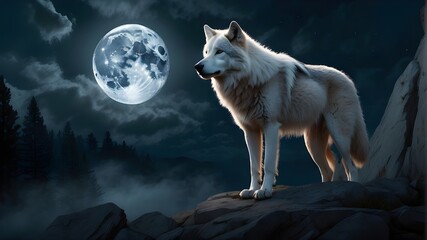 Digital illustration of a majestic white wolf standing on a rocky cliff, its head thrown back in a haunting howl under the luminous glow of the full moon. The illustration should capture the ethereal 