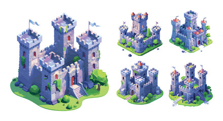Fototapeta premium Fortress isometric set. Stone medieval castles towers buildings protective defence ancient structures, vector illustrations highlighted on white background