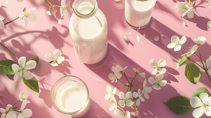 Obraz na płótnie Canvas bottle and glass of milk with flowers on a pink background with sunlight