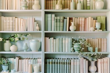 White bookshelf with different books and vases in modern room