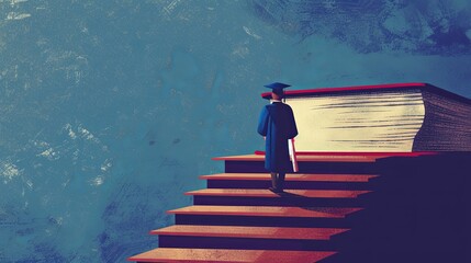 student graduate climbs the stairs from books, blue background