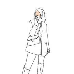 One single line drawing of young happy muslim girl with head scarf carrying pocket bag. Attractive Asian women model in trendy hijab fashion concept continuous line draw design vector illustration