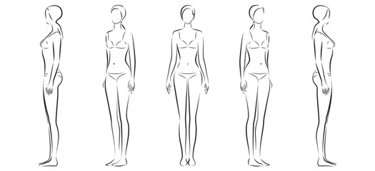 Naklejka premium Woman body. Full-length standing portrait. Set of body-positive female. Five angles figure front, 3 of 4, side views shape. Vector fashion silhouette outline line illustration