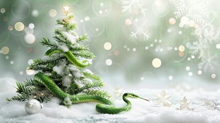 white greeting Happy New year card with Christmas tree and green snake