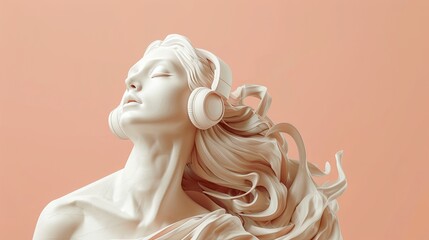 White female statue wearing headphones listening to music, peach background