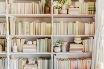 White bookshelf with different books and vases in modern room