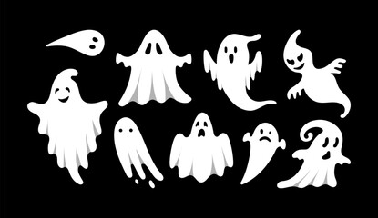 Cute Halloween Ghosts Set. Hand drawn spooky flying spirits collection. Cartoon funny ghost isolated on black background. Vector simple halloween horror characters. Creepy Halloween party costume.
