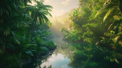 A winding river snaking through a lush tropical jungle, its tranquil waters reflecting the vibrant hues of the surrounding foliage as exotic birds flit 