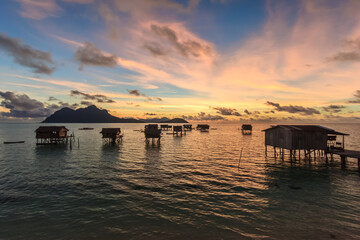 Landscape view borneo sea gypsy water village in Mabul Maiga Island, Malaysia.