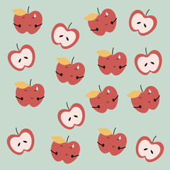 Hand drawn cute apple pattern. Apple fruit character pattern on green background. Fruit Background