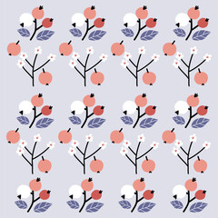 Hand drawn berry and white flowers and leaves pattern. Berry fruit pattern. Fruit Background