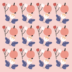 Hand drawn berry and white flowers and leaves pattern. Berry fruit pattern. Fruit Background