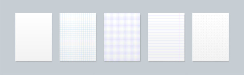 Vector set of white paper sheet. Realistic notebook pages with lines, squares and dots. Clean and grid school notebook page with shadow on grey background.