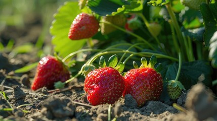 Fresh Strawberries Ripening on the Vine in Sunlit Field - obrazy, fototapety, plakaty