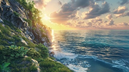 A windswept coastal cliff adorned with lush greenery, overlooking the endless expanse of the ocean stretching to the horizon, where the sun dips below the water's edge. - Powered by Adobe