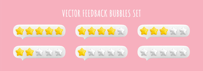 Vector 3d feedback bubbles set. Star rating system from worst to best level. Customer review gold and white stars from zero to five. Glossy 3d render stars in message bubble icons set.