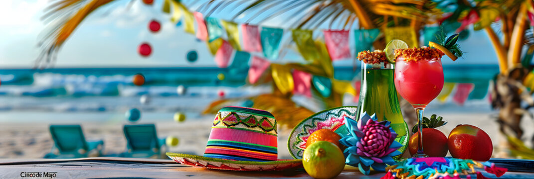 Cinco de Mayo,Mexican colorful summer fiesta party,sombrero hat,maracas margarita cocktail,table colorful Mexican decorations. With the exotic beach "Cinco de Mayo" as a backdrop,mexican banner.