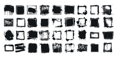 Graffiti frames grunge vector set. Blots tags stamps urban street spray squares splashes icons isolated on white background