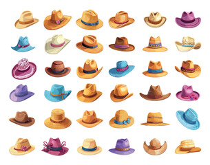 Hats cartoon vector set. Men woman panama derby straw cowboy beach modern vintage clothes accessories illustrations isolated on white background